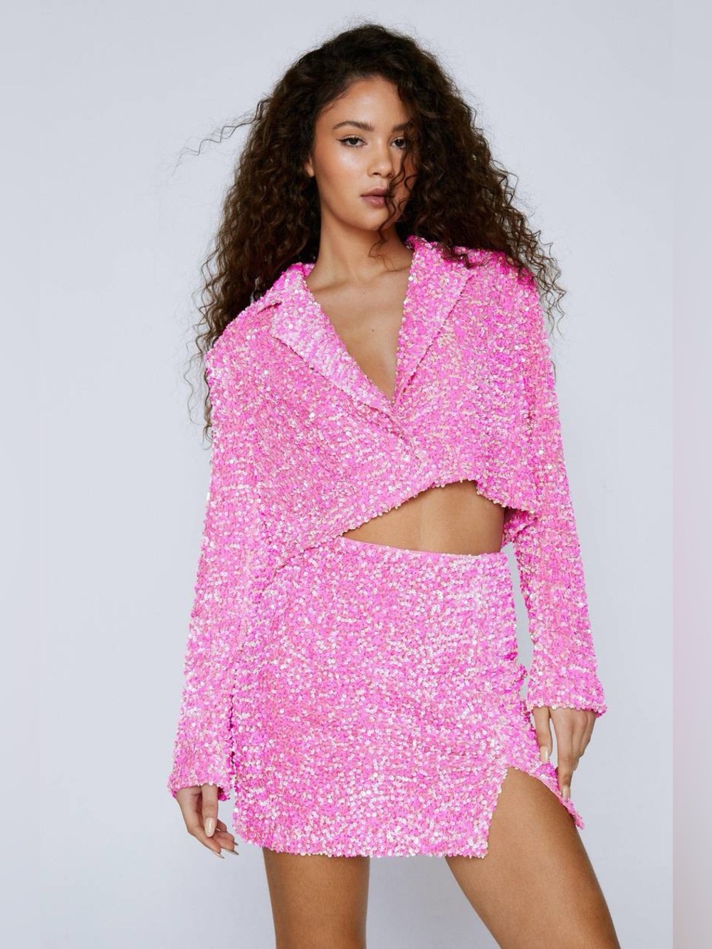 NWT Nasty Gal Premium Velvet Sequin Cropped Blazer and Skirt Set Size US 12